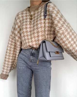Women Casual Houndstooth Lady Pullover Sweater Female Autumn Winter Retro Jumper Geometric Blue Knitted Femme 211007