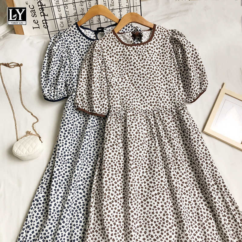 LY VAREY LIN Summer Women Sweet High Waist Bandage A-line Medium Length Dress Casual O-neck Puff Sleeve Floral Dresses 210526