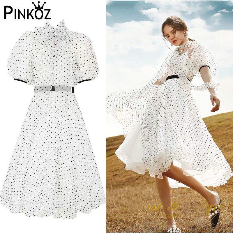 Vintage Elegant Puff Short Sleeve Dot Print Bow Knee Length Party Dress Women Lady Office Work Casual Vestidos 210421