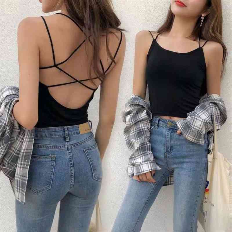 women crop hollow back tank female sleeveless summer camis soft underwear girls harajuku camisole, White