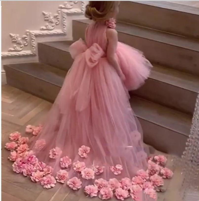 Cute Pink High Low Flower Girls Dresses Short Front Detachable Skirts Kids High Neck Wedding Party Gowns Prom Pageant Dress 3d Floral Appliques Brithd