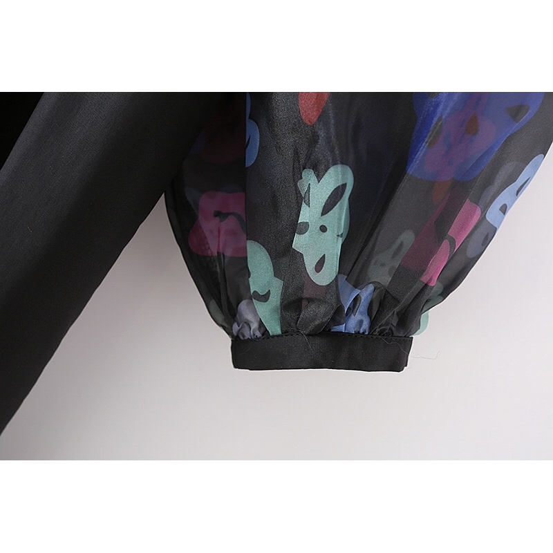 Retro Black Contrast Flower Print Lantern Sleeve Dress Woman Vintage Round Collar Loose Straight Pullover Dresses Holiday 210429