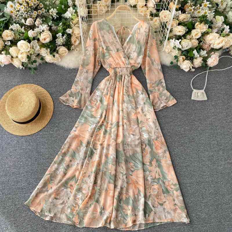 Women Sexy Boho Dress Spring Autumn Long Sleeve V Neck Backless es Ladies Vintage Floral Printed 210623