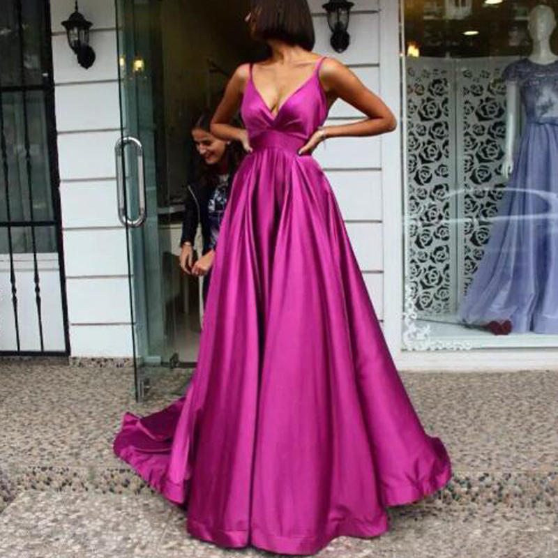 Fuchsia V Neck Backless Prom Dresses Long A Line Spaghetti Strap Sweep Train Evening Dress Party For Women Gown Formal Gowns