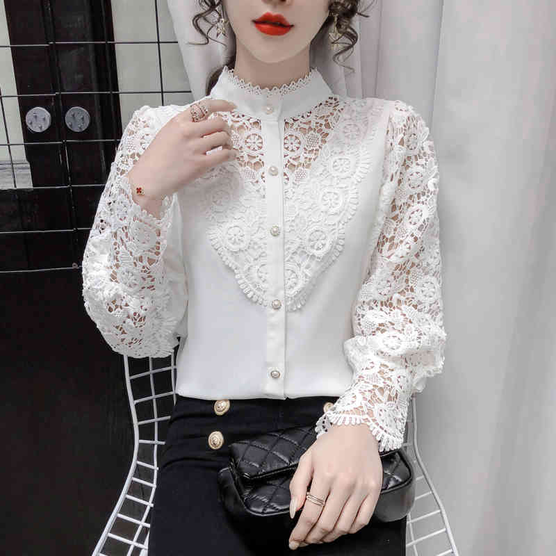 lace stand collar shirt Petal long sleeve top female Hollow Out Flower Lace Patchwork White Shirt Femme Blusas 980B 210420