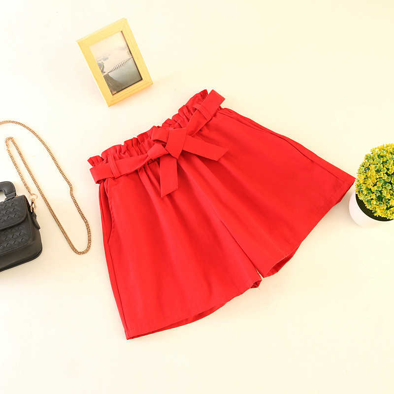 Elastic waist tie bow Loose Cotton shorts Womens summer Korean ruffles wide leg for women wild casual Shorts 210714