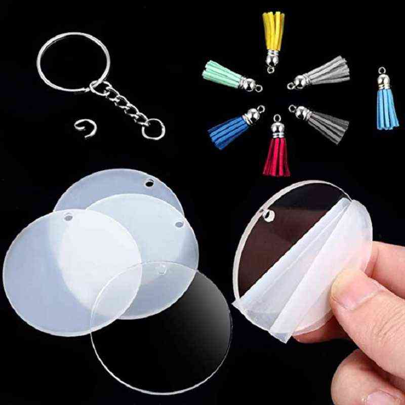 48 Pcs Acrylic Keychain Blanks with Key Rings Round Clear Discs Circles Colorful Tassel Pendant Jump Rings for DIY Craft H1126