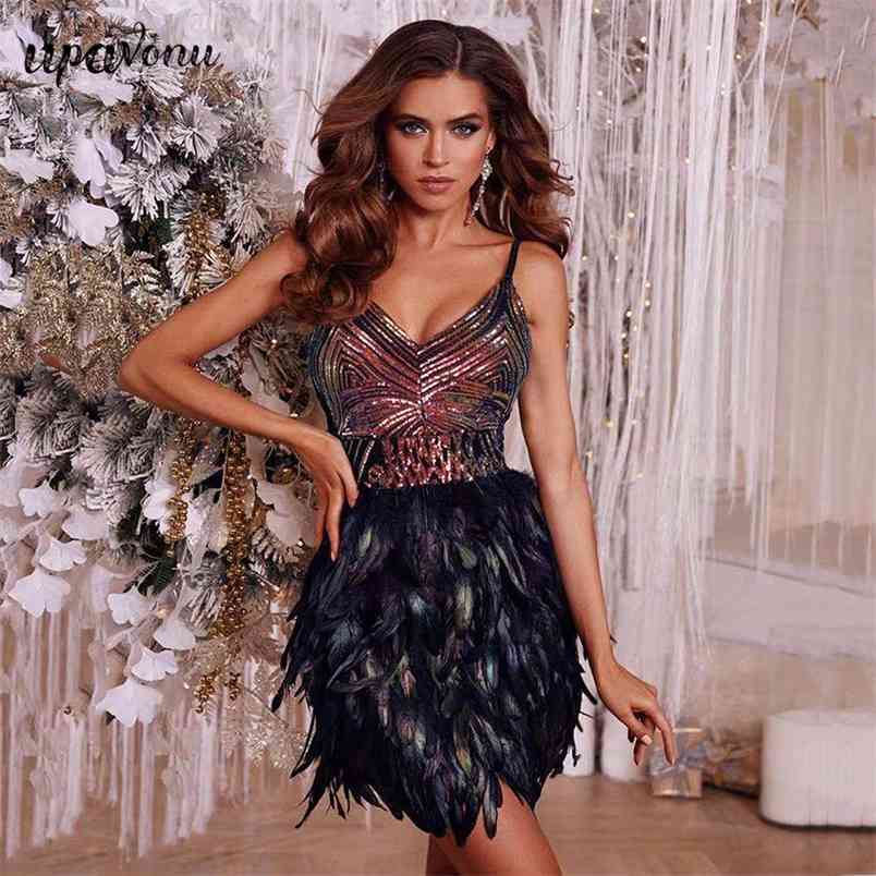 Free Summer Women Spaghetti Strap Black Feathers Dress Sexy V Neck Sequins Party Evening Celebrity Runway Dresses 210524