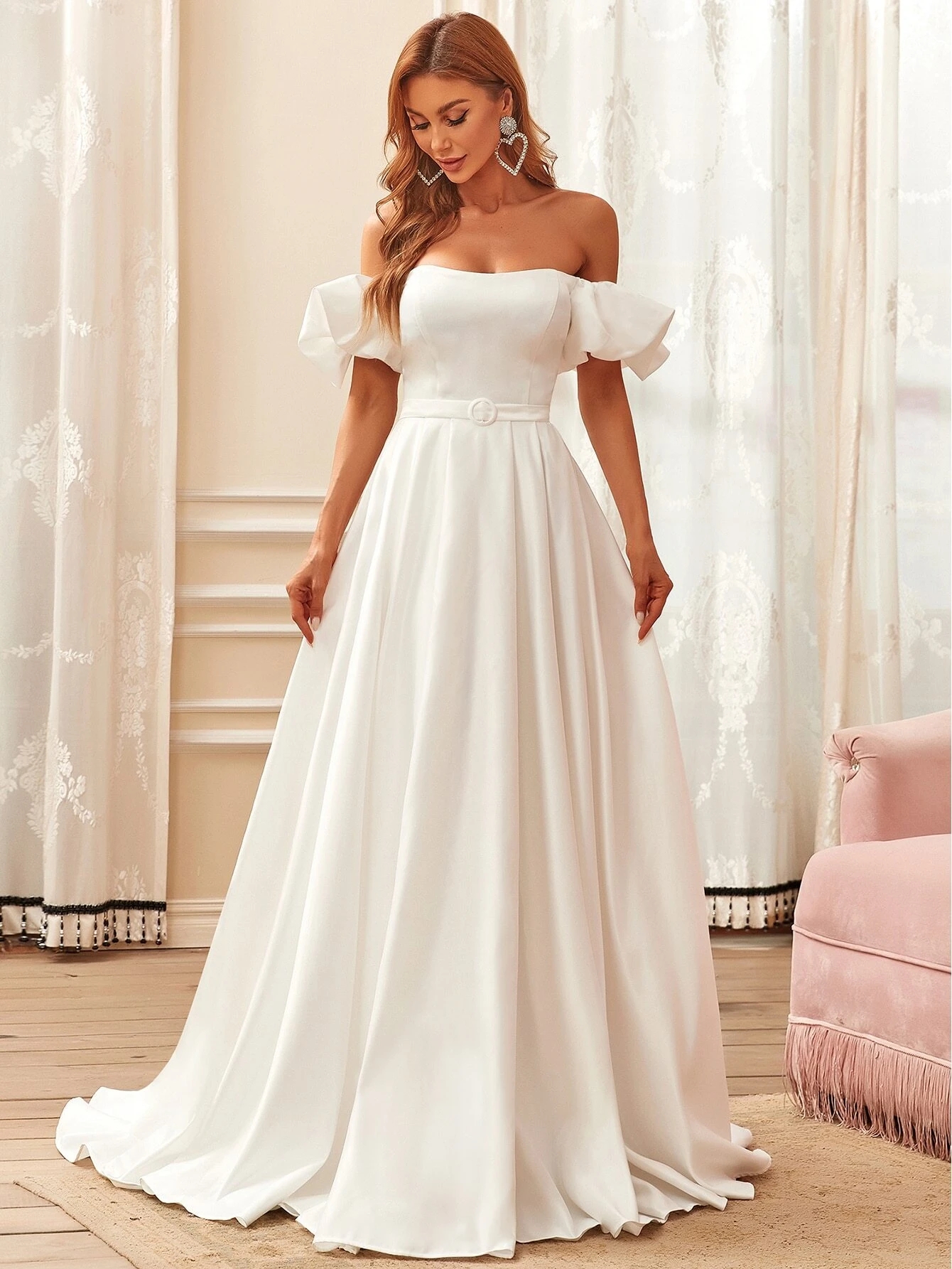 Bridal Gown Plus Size 2022 A-line Satin Wedding Dresses Off Shoulder Puff Sleeve Buckled Belted vestidos de noiva