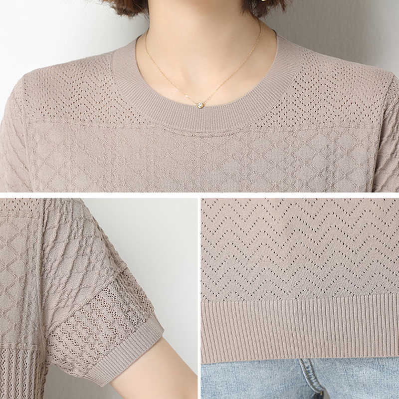 Summer Hollow Out Knit Short Sleeve T-Shirt Women Korean Casual Solid Colors Knitwear Tee Casual Round Neck Ice Silk pullovers 211014