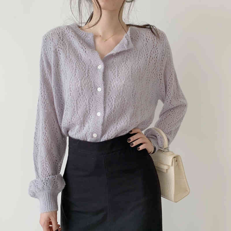Knitted Cardigan Hollow Out Blouses Women Casual Lantern Long Sleeve Shirts Solid Elegant Tops Blusa Feminina 9824 210427