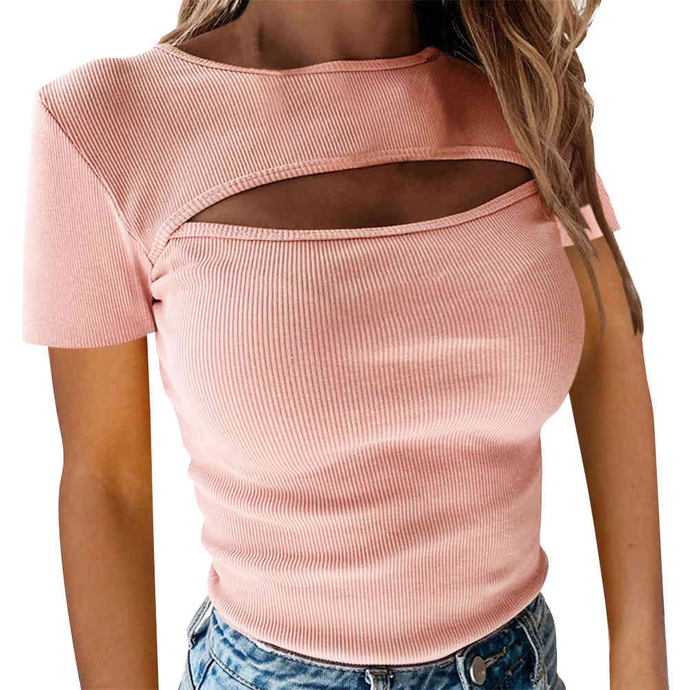 Sexy Solid T-Shirts Women Summer Fashion Streetwear Short Sleeve Black Pink Tops Elegant Hollow Out O Neck Slim T-shirts Ladies 210522