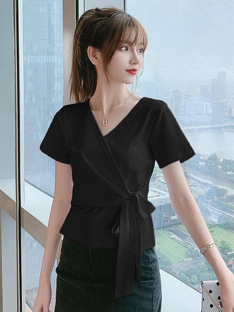 Spring/Summer Korean Fashion and Elegant OL Women's T-shirt White Lace-up Thin Short 210615Z