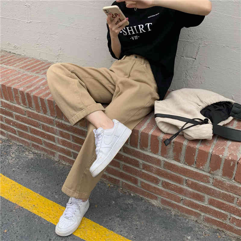 Khaki High Waist Wide Leg Denim Jeans Pants Women Button-up Loose Solid Full-length Ladies Trousers 210514