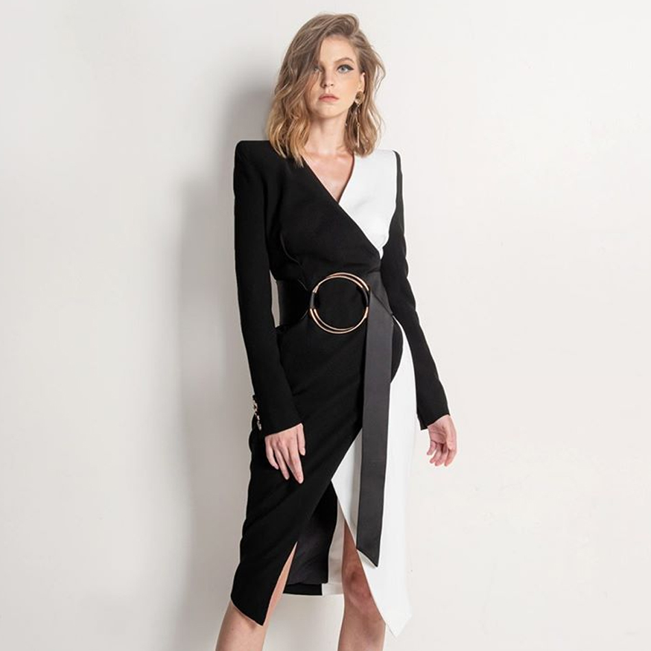 Winter Women Long Sleeve V Neck Bandage Dress Sexy Patchwork Sashes Button Midi Club Celebrity Runway Party 210423