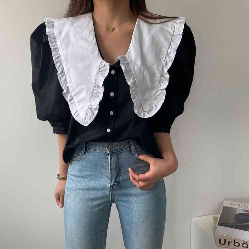 Korean Sweet Peter Pan Collar Lace Ruffled Shirt Women Summer Puff Half Sleeve Female Blouses Vintage Loose Ladies Tops 14252 210512