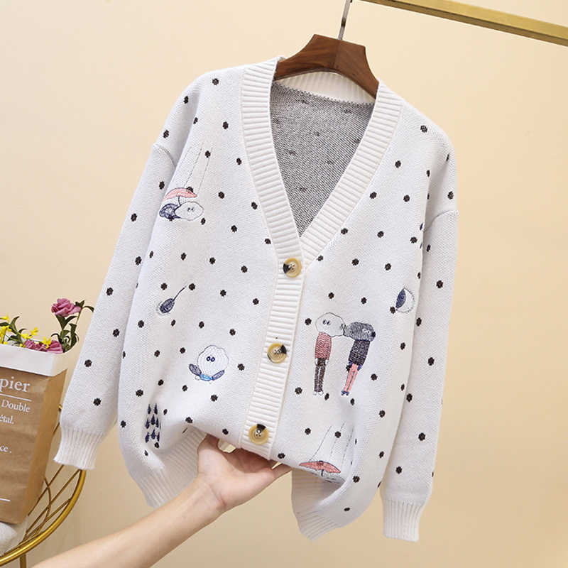 AZYT Autumn Dot Cartoon Print Knit Cardigan Women V Neck Long Sleeve shirt Tops Female Harajuku Sweater Coat 211018