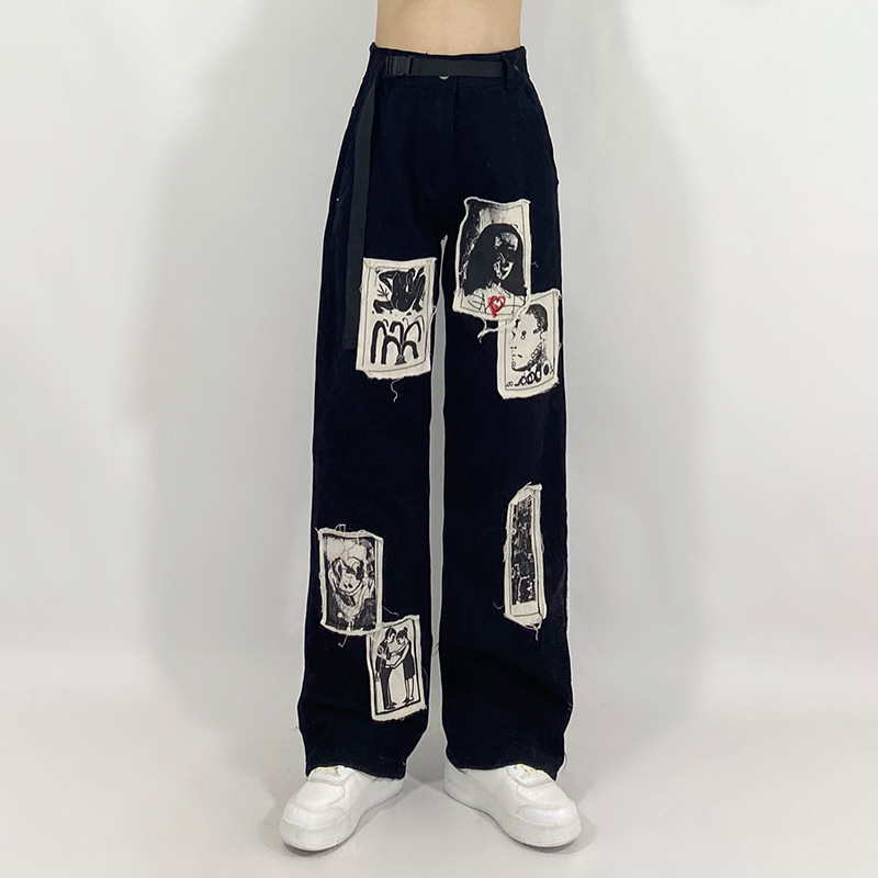Streetwear Cartoon Patchwoek Jeans Women's Spring Autumn High Waist Black Wide Leg Denim Pants Female Tide 210427