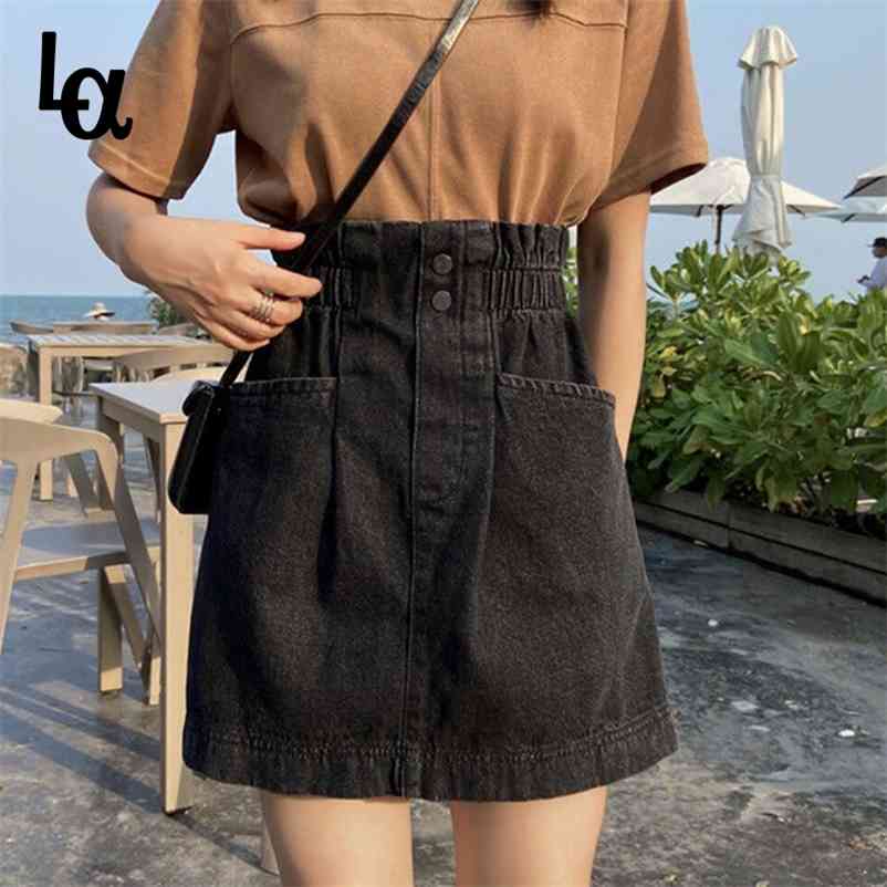 Summer Female Blue Black Denim Skirt Women Student Korean High Elastic Waist A-Line Pocket Short Skirts Mujer Plus Size 210519
Summer Female Blue Black Denim Skirt Women Student Korean High Elastic Waist A-Line Pocket Short Skirts Mujer Plus Size 210519