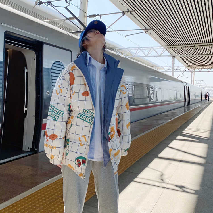 Woherb Reversible Parka Women Harajuku Winter Jackets Cartoon Print Padded Coat Vintage Loose Wadded Jacket Mujer Chaqueta 211007wtt