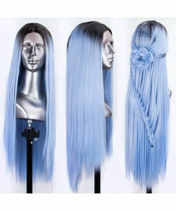 28'' Synthetic Hair Wig Long Straight Wigs Heat Safe Ombre Mint Blue Synthetic