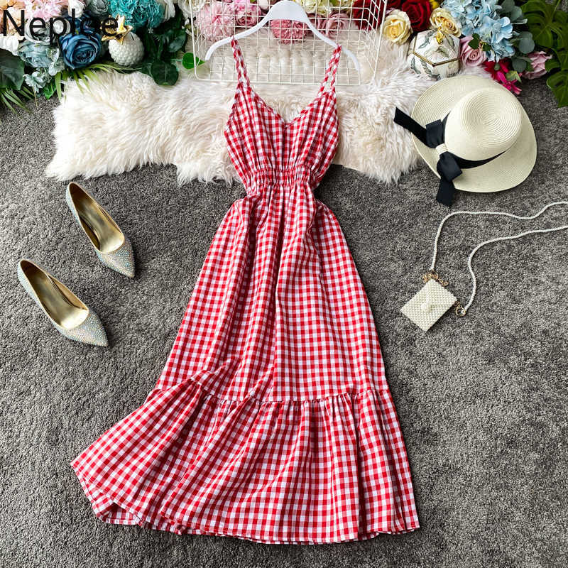 Neploe High Waist Hip Plaid A Line Vestido Holiday Beach Elegant Ruffles Sleeveless Camis Dress V Neck Summer Ropa 1A872 210623