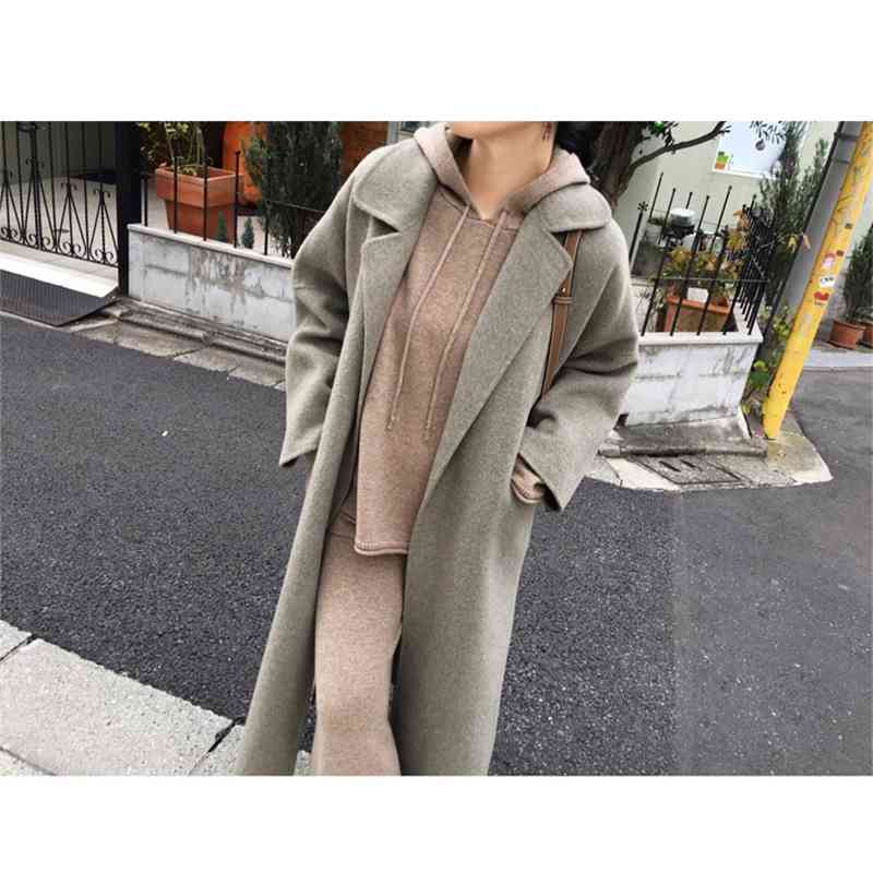 Two Piece Set Women Clothing Winter Knitted Warm Hooded Sweater+High Waist Wide Leg Pants Suit 210520