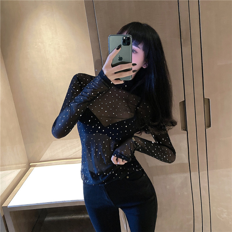 Black blusas de mujer Sexy Transparent Mesh Rhinestone Women Tops Long Sleeves Turtleneck Lace Blouses 417B 210420