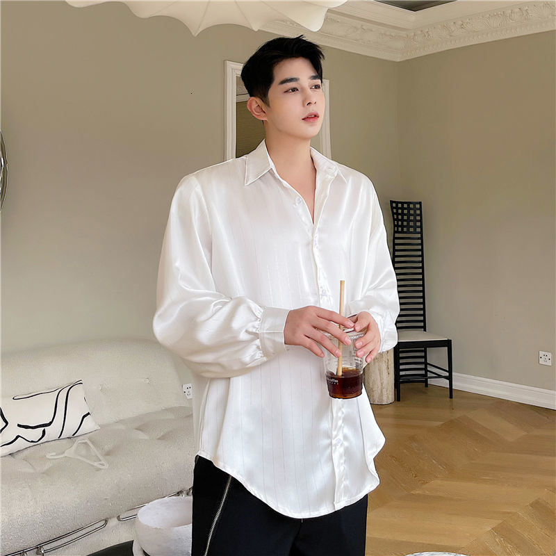 IEFB Summer Satin Fashion White Shirts For Men Korean Black Office Style Fashion Trendy Shiny Loose Casual Shirt 9Y7010 210524