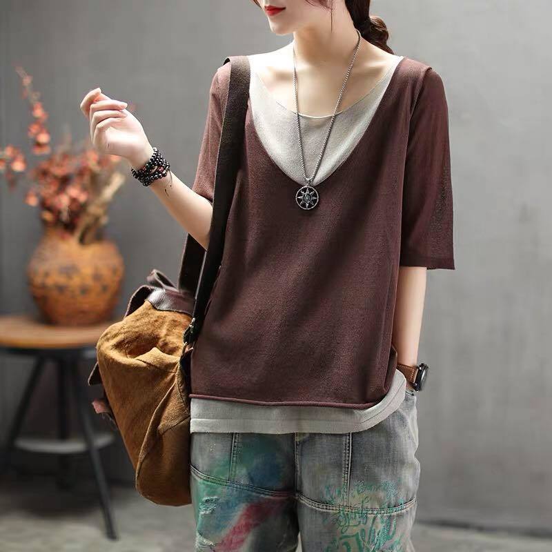Summer Arts Style Women Half Sleeve Loose Tshirt Casual False Two Pieces O-neck Vintage linen Tee Shirt Femme Tops D412 210512