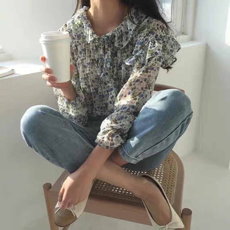 Autumn Printed Wild Chiffon Blouse Korean Clothes Vintage Ruffled Pink Shirts Long Sleeve Woman's Blouses Woman 10336 210518