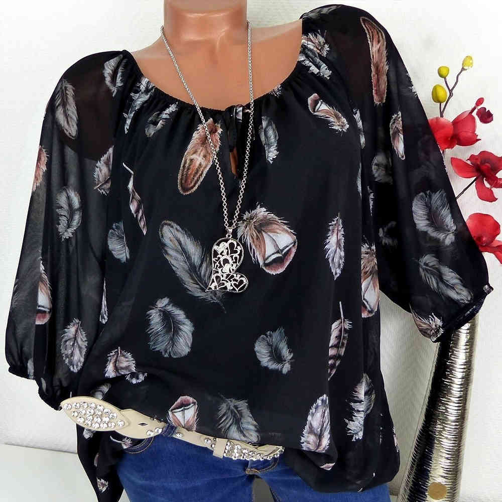 Fashion 5XL Plus Large Size Women's Blouses Summer Tops Leisure Blouse White Loose Feather Print V Neck Half Sleeve Shirts 210428