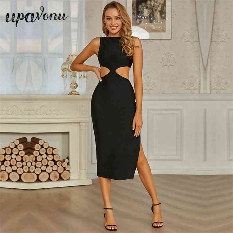 Free Chic Hollow Bandage Dress Sexy O-neck Sleeveless Bodycon Split Midi Celebrity Club Party Vestidos 210524