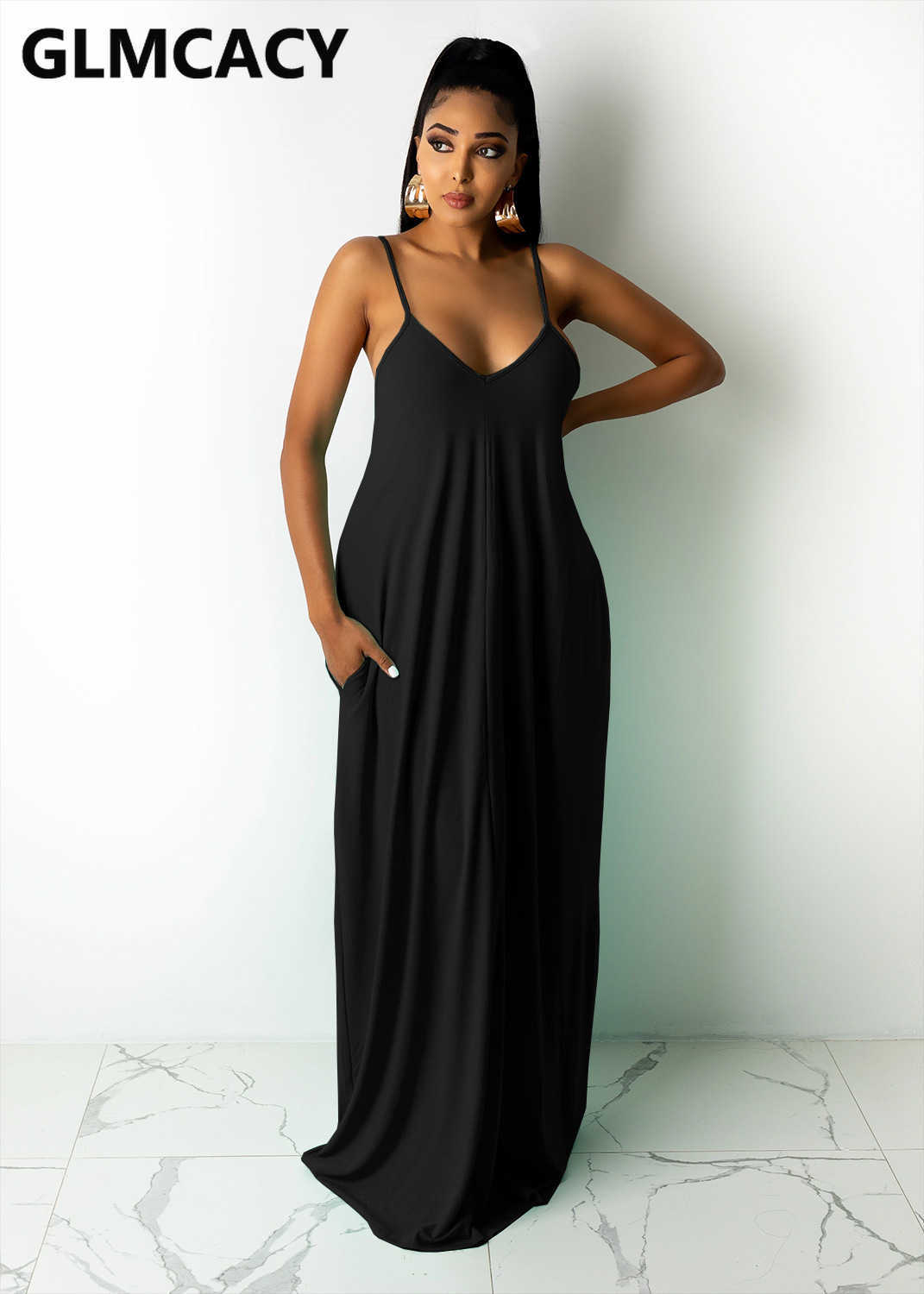 Women Spaghetti Strap Sleeveless Solid Maxi Dress 210702