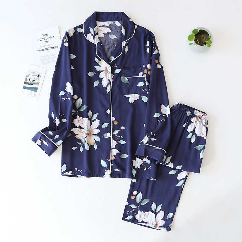 spring and autumn long-sleeved trousers ladies pajamas set viscose cardigan butterfly flower simple thin home service summer 210924