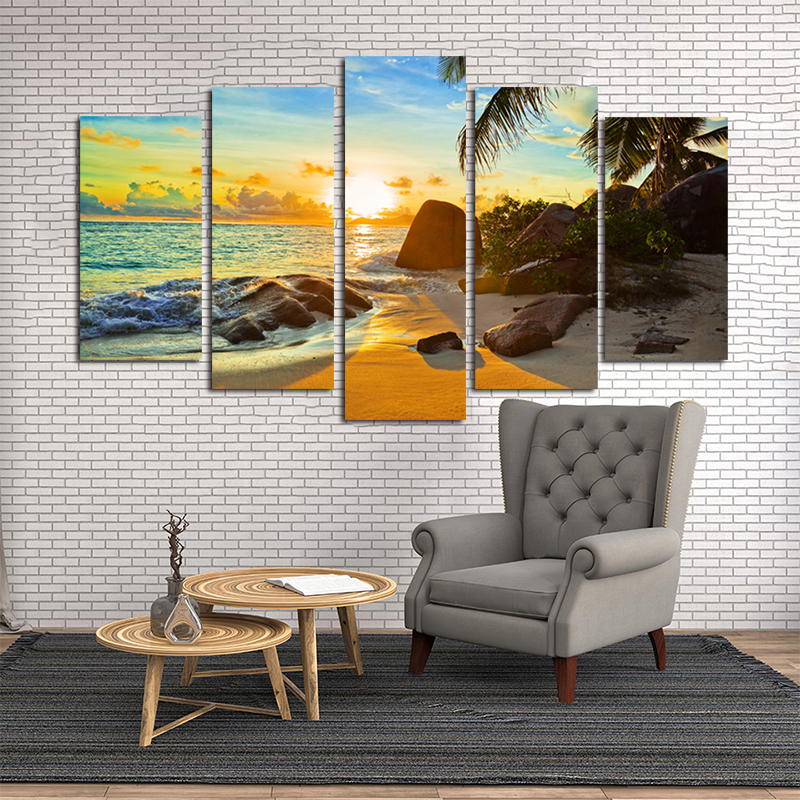 5 Panels Beach Landscape Posters And Prints Canvas Painting Sea Sunset Big Size Wall Art Pictures For Living Room Home Decor