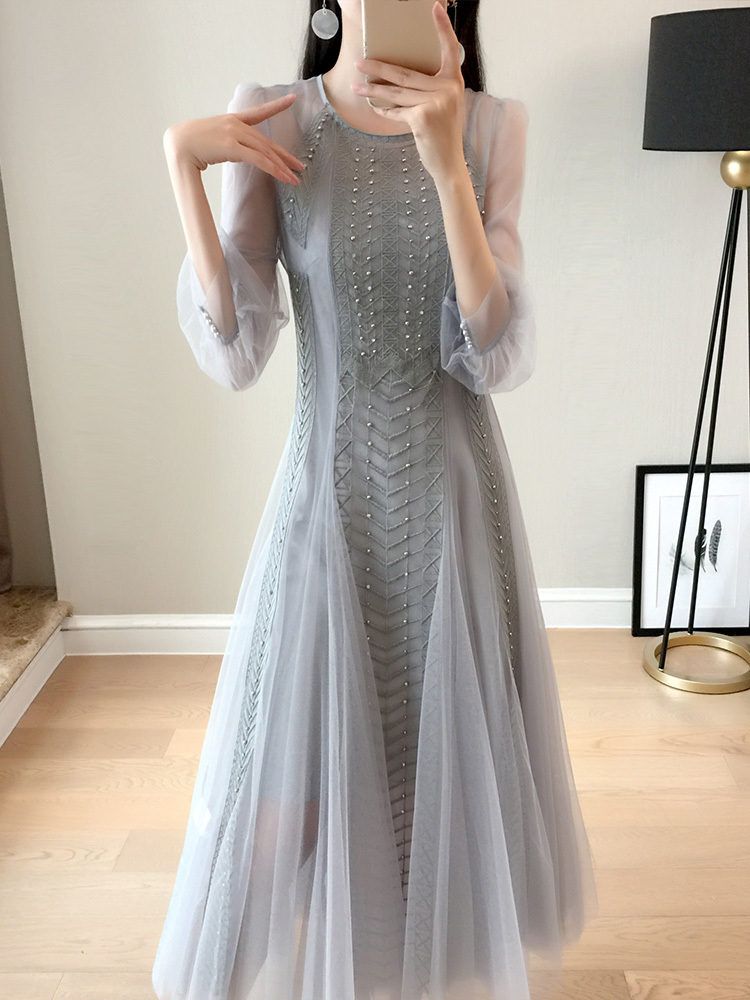 Spring Fashion Women Office Lady Mesh O-Neck A-line Dress Female Elegant High Waist Casual Midi Long Vestidos 210519