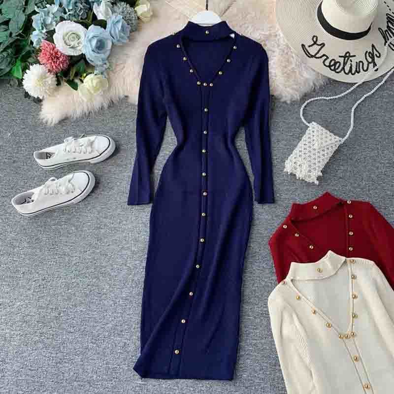 Autumn Winter Long Sweater Dress Women Long Sleeve Halter V-neck Sexy Knitted Dress Elastic Slim Bodycon Dress Robe Femme 210521