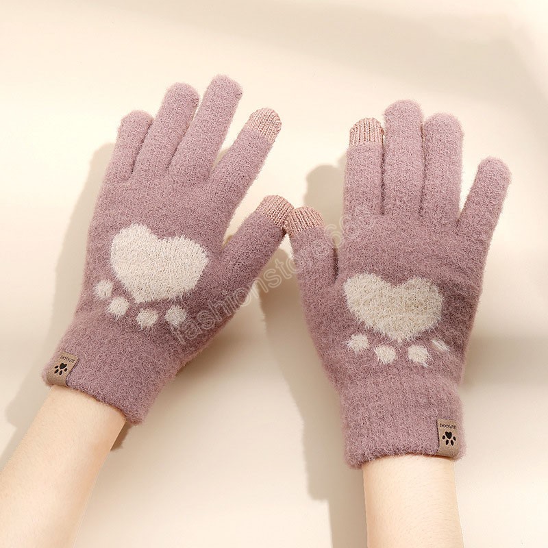 Winter Warm Soft Women Touch Screen Gloves Sweet Heart Print Fuzzy Full Fingers Gloves Cute Kawaii Female Knit Mittens