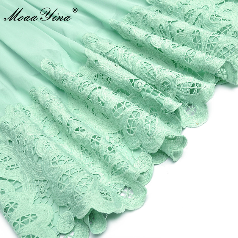 Fashion Runway Summer Chiffon A-Line Dress Women Lace Patchwork Half sleeve Hollow out Solid Party Midi Vestidos 210524