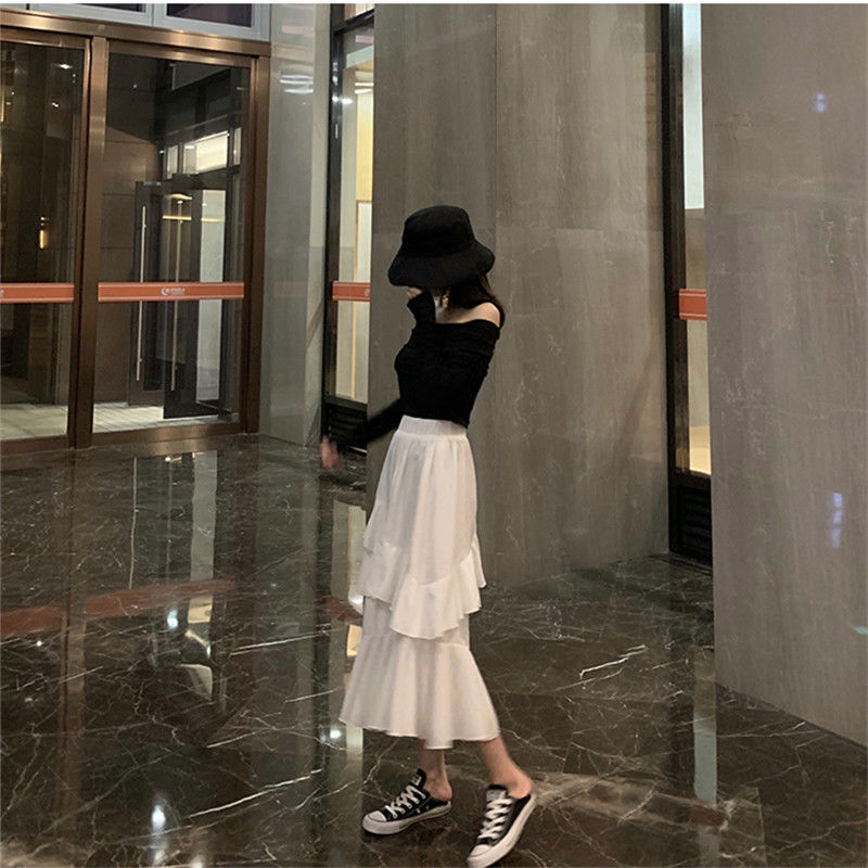 Ruffles A-line Solid High Waist Women Korean Chic Spring Long Skirts All Match Elegant Faldas Fashion 15535 210415