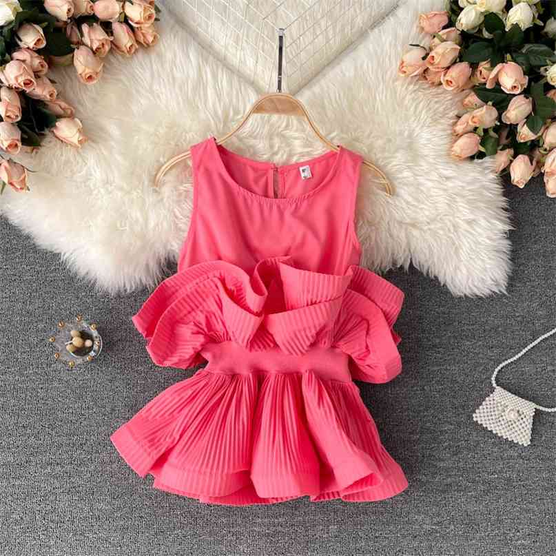 Ins Fashion Women's Bouse Summer Chic O-neck Sleeveless Stylish Pleated Ruffles Short Top Slim Elastic Waist Female Blouse 210603