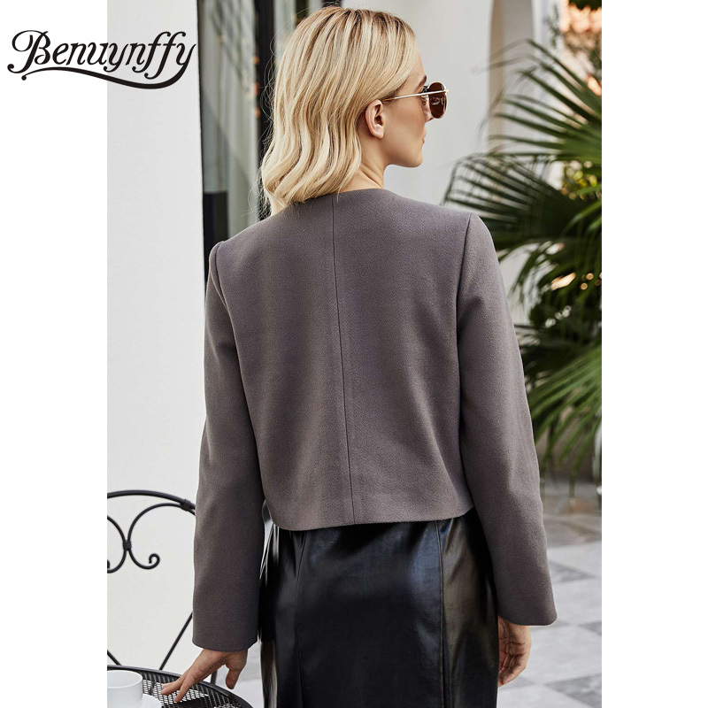 Crew Neck Pocket Front Short Jacket Coat Women Autumn Winter Vintage Long Sleeve Button Up Outwear Female 210510