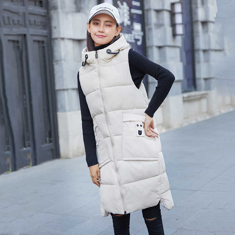 Autumn Winter Cotton Vest Women Hooded Coats Sleeveless Long Jacket Thicken Padded Waistcoat Female 210819