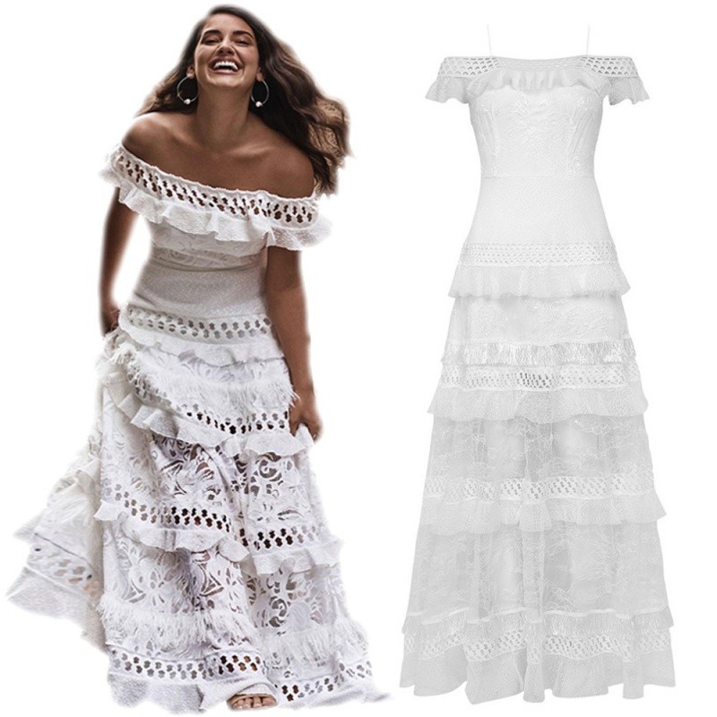 Women Dress Temperament Lace Slash Neck Off Shoulder Hollow Out Maxi es Large Hem Plus Size Summer es 210524