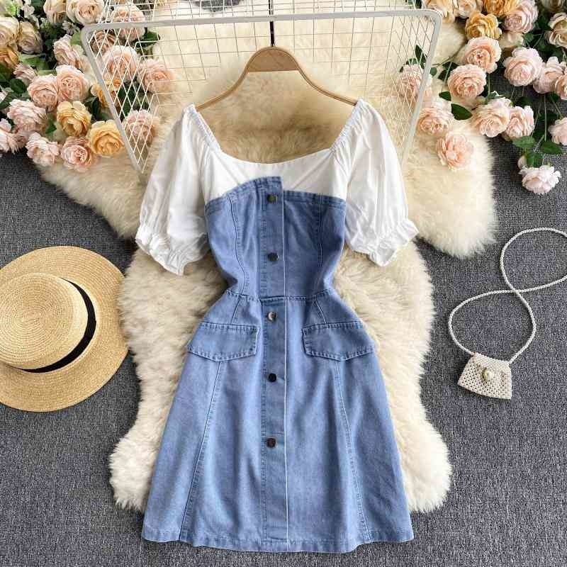 age-reducing women's summer design puff sleeve contrast stitching denim slim dress 210525, Blue
age-reducing women's summer design puff sleeve contrast stitching denim slim dress 210525, Blue