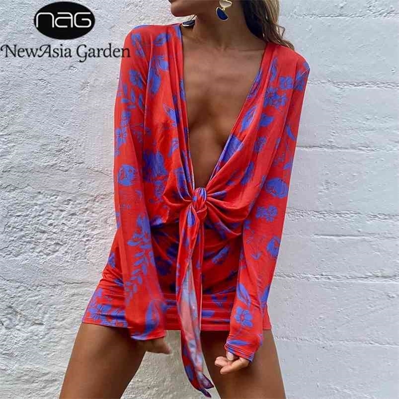 Asia Print Red Dress Tie up Long Sleeve Deep V Neck Mini Dresses for Women Casual Beach Party Wear Ladies Bodycon Vestidos 210623