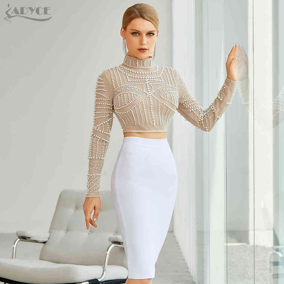 Summer Women 2 Two Pieces Sets Bodycon Long Sleeve Beading Club Wear Celebrity Party Vestidos 210423