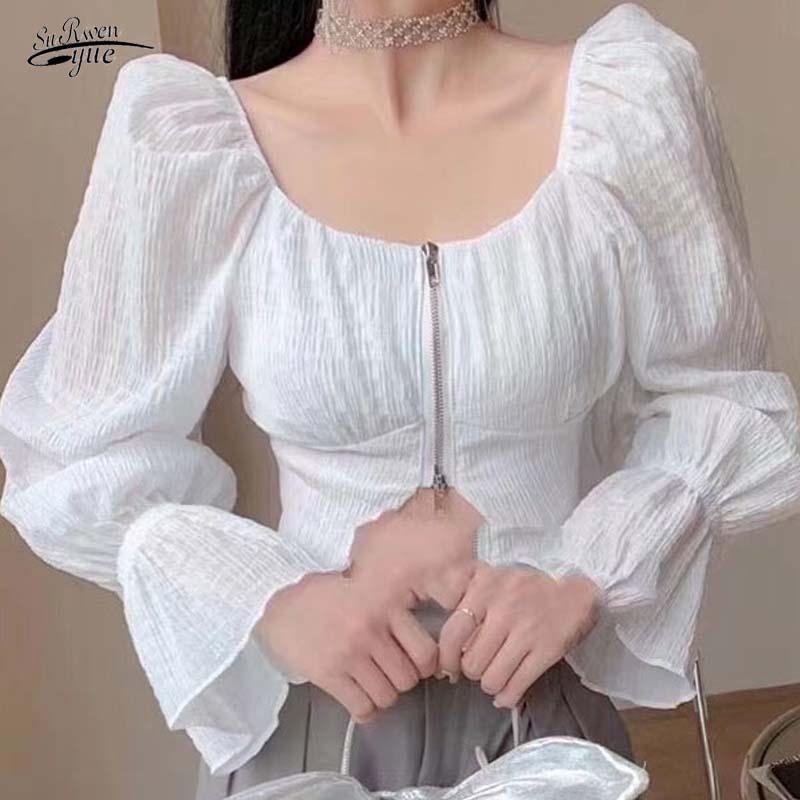 Women's Blouses & Shirts Retro French Long-sleeved Summer Off-the-shoulder Short Top Solid Color Zipper Folds Flared Sleeve Slim Shirt 15755, White
Women's Blouses & Shirts Retro French Long-sleeved Summer Off-the-shoulder Short Top Solid Color Zipper Folds Flared Sleeve Slim Shirt 15755, White