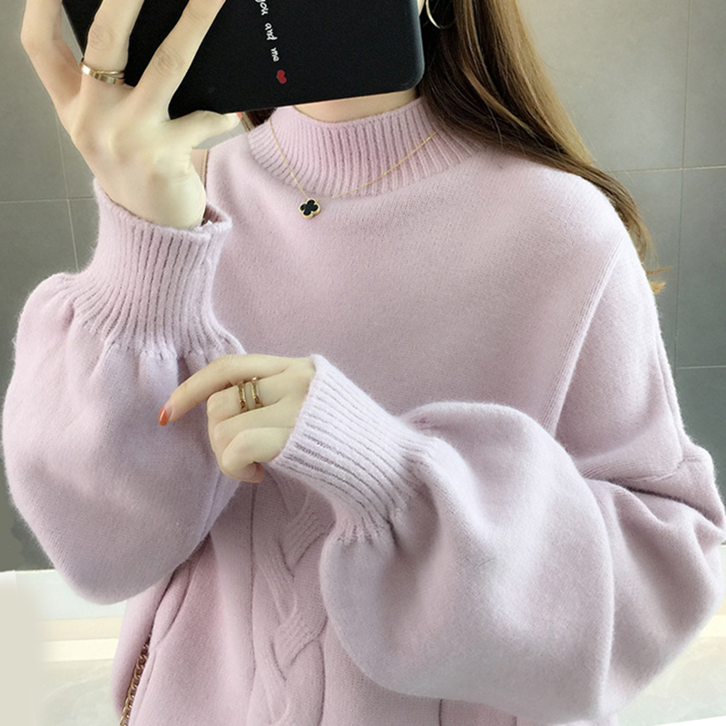 Women pullovers Sweater Solid turtleneck lantern sleeve knitted soft Autumn Winter Casual loose female coat 210524